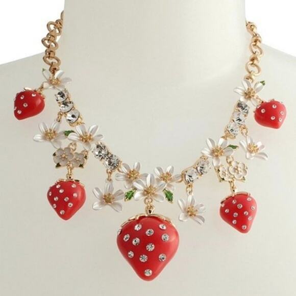 Betsy Johnson strawberry and flower statement necklace new!!! - Picture 2 of 7